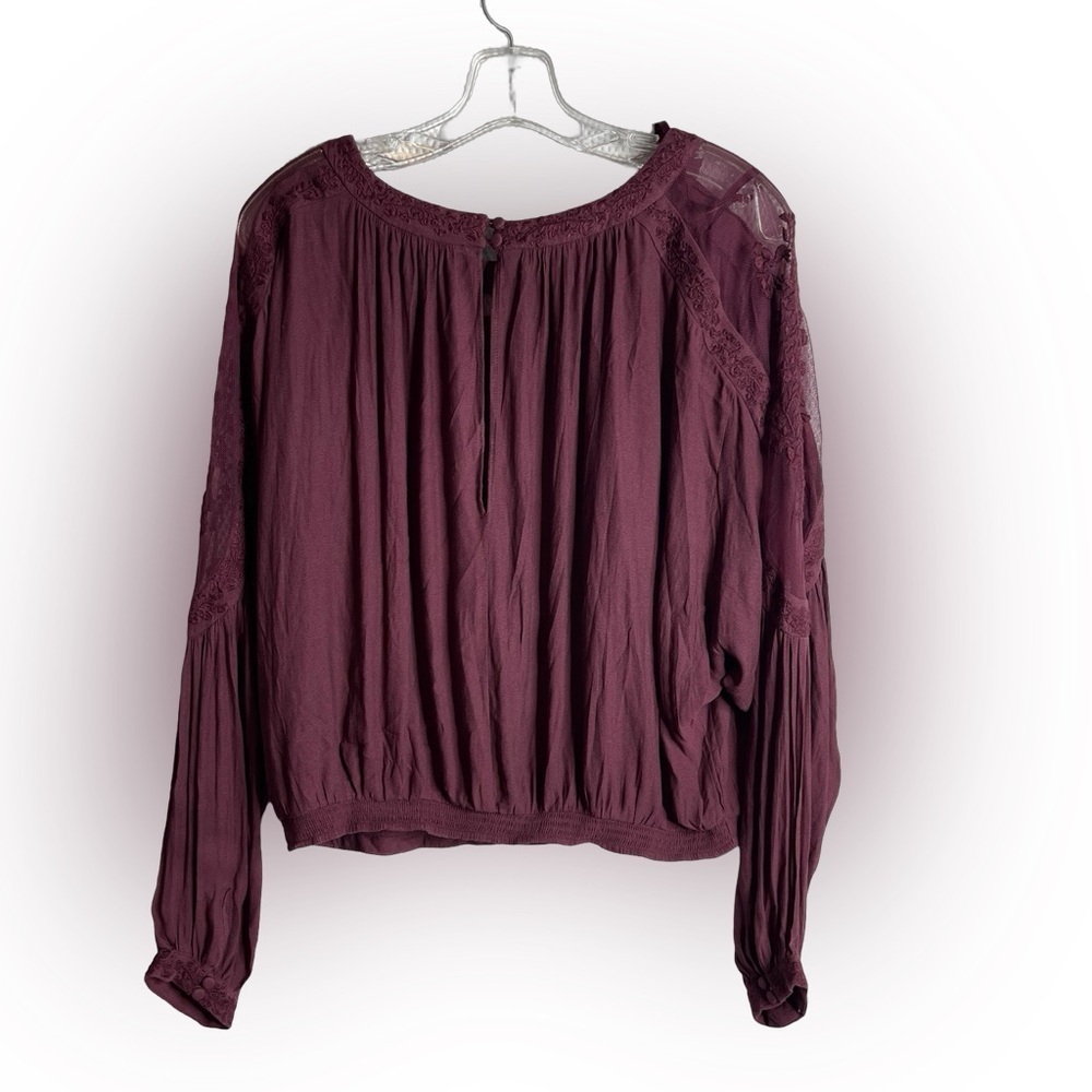 Free People plum colored size S oversized floral embroidered and mesh blouse - Picture 2 of 10
